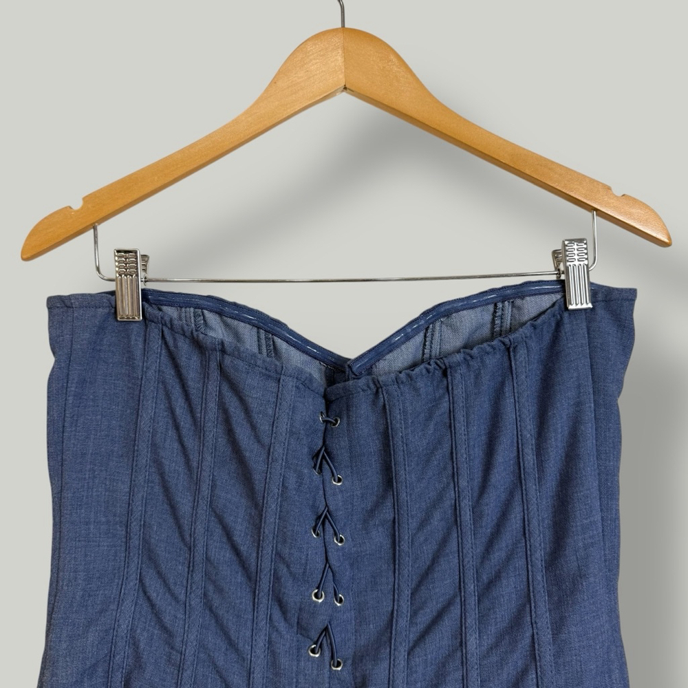 PRETTYLITTLETHING Corset Women Size 12 Large Blue Denim Lace Up Back Woven Shape - Picture 7 of 12